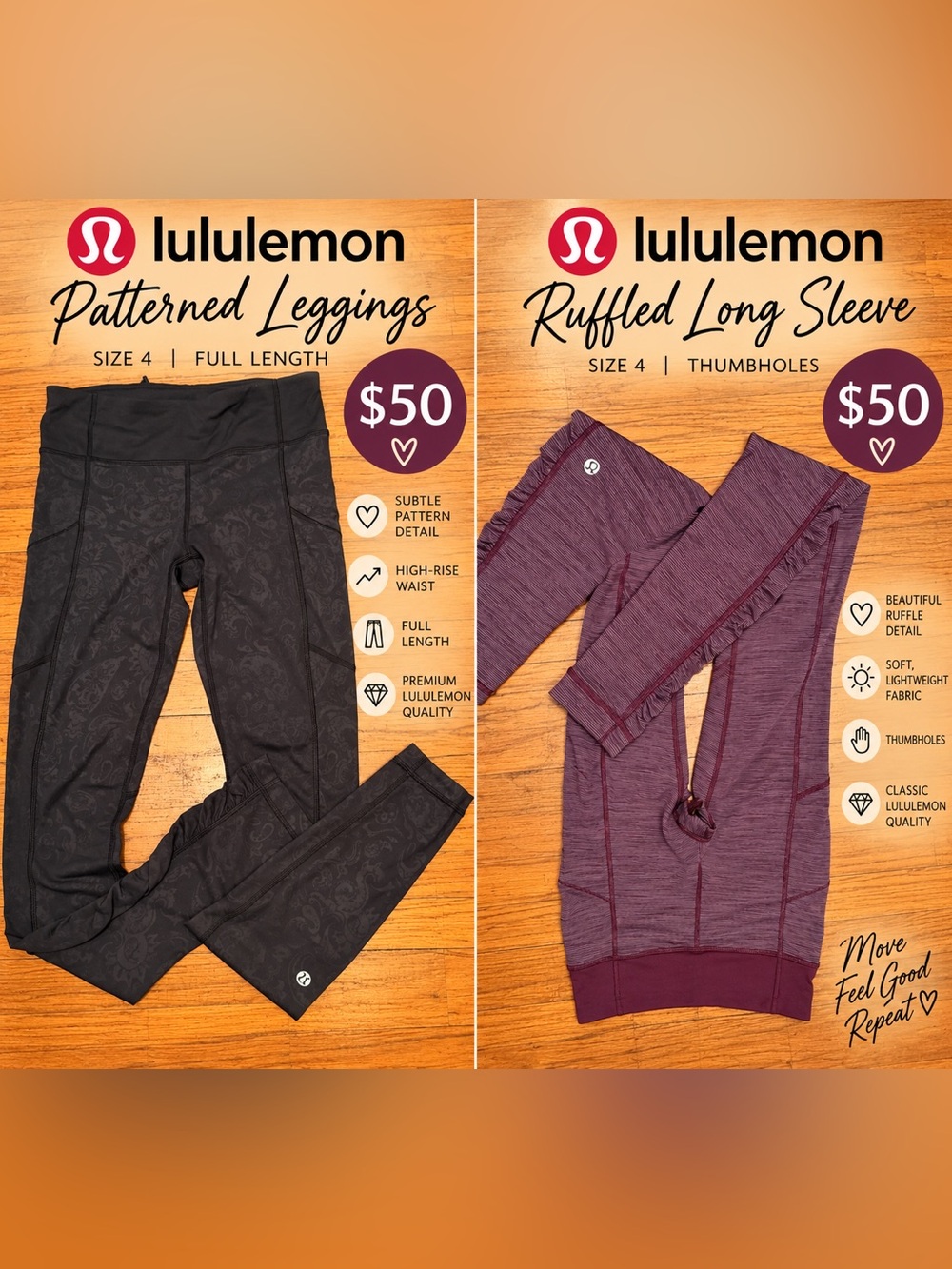 lululemon athletica Patterned Black Leggings & Burgundy Heather Ruffled Top
